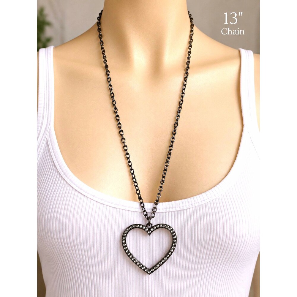 Black Cable Chain Necklace PavƩ Crystal Heart Charm Pendant Love 13 in